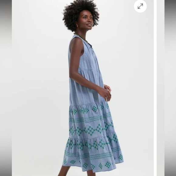 TNUCK BEACH Emerald Embroidered Chambray Salty Paloma Caftan size large - Picture 3 of 11